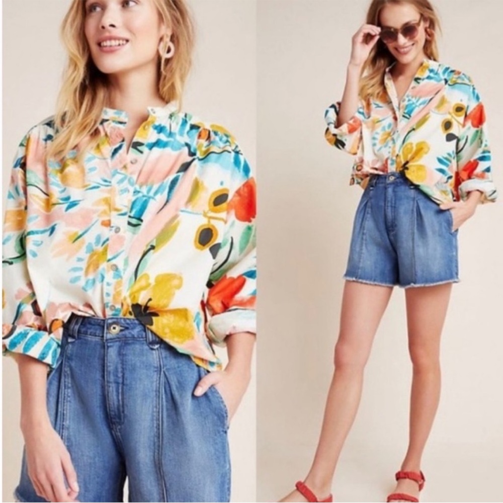 Anthropologie Floral Button-Front Blouse in White, Pink, Yellow, Blue